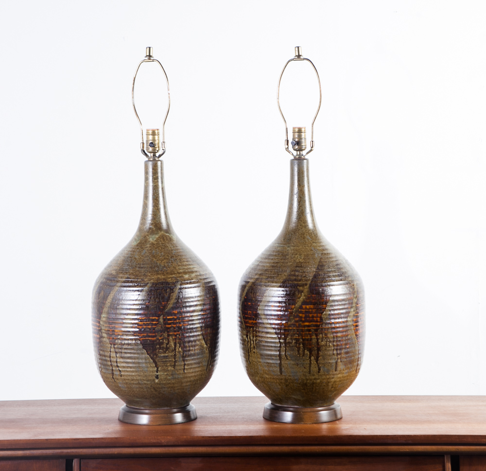 Mid Century Modern Table Lamp Set Pair Sy Allen California Green Orange Ceramic Floor Light Lighting Two Black Large - Image 2