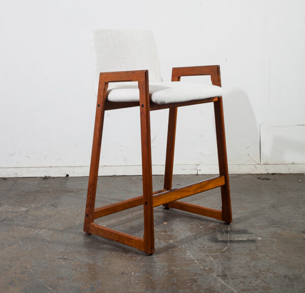 Mid Century Danish Modern Bar Stools Set 2 Seats Solid Teak White Reupholstered Denmark Vintage High Chairs Kitchen - Image 4