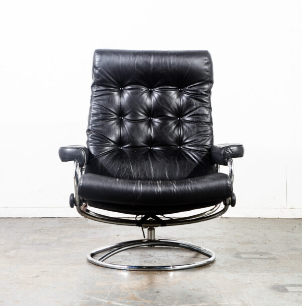 Mid Century Modern Lounge Chair Black Leather Ekornes Recliner Norway Stressless Swivel Armchair Arm Danish Modern Baughman - Image 2