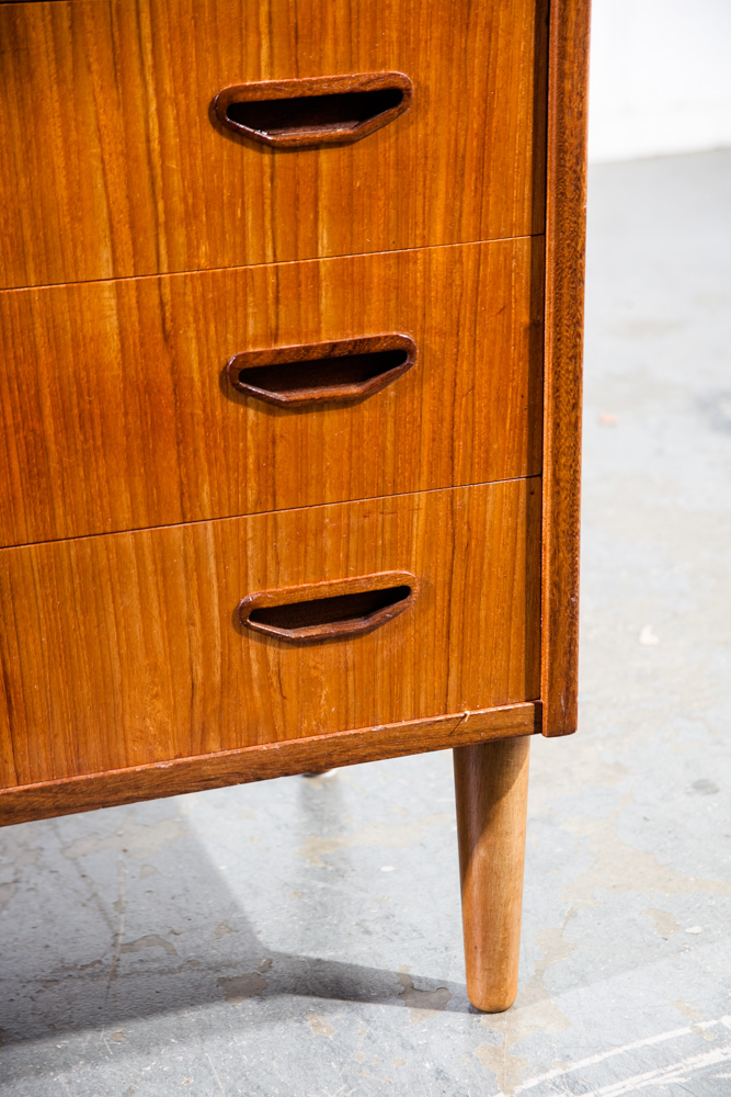 Mid Century Danish Modern Highboy Dresser 6 Drawer Solid Teak Oak Vintage Wood Compact Small Handles - Image 9