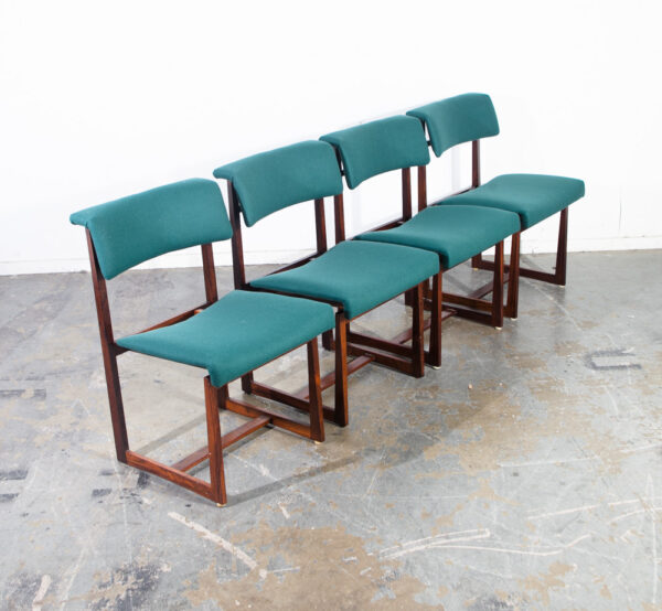 Mid Century Danish Modern Dining Chairs Set 4 Dutch Brazilian Rosewood Wood Floating Seats Green Vintage Re-upholstered