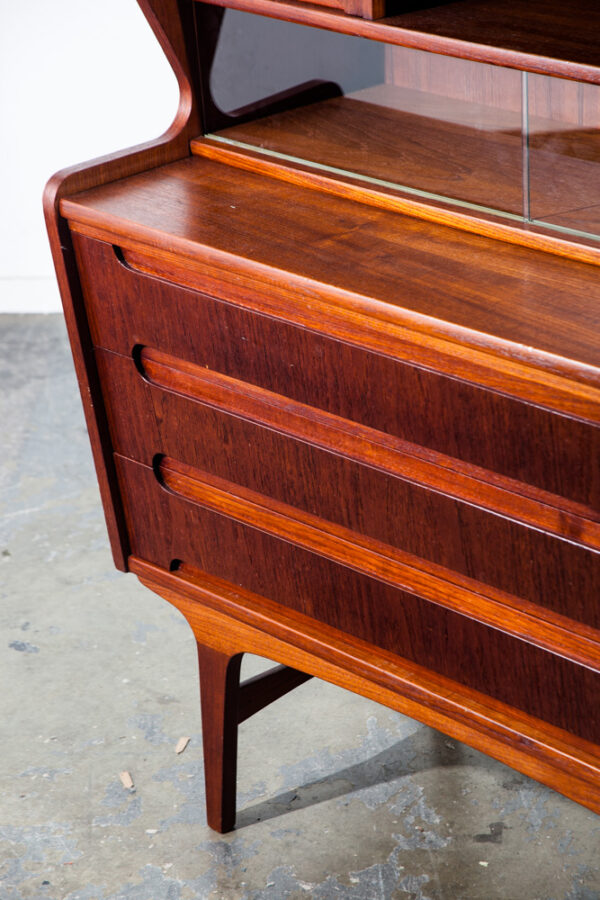 Mid Century Danish Modern Secretary Desk Teak Pull Out Drawers Office Vintage Bureau Denmark Glass Sliding Doors - Image 5