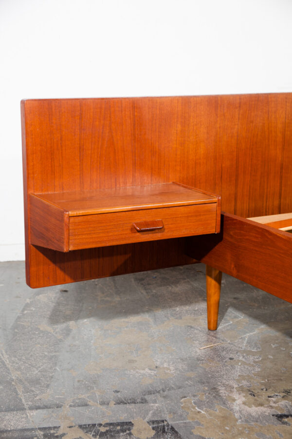 Mid Century Danish Modern Bed Frame Headboard Teak Floating Nightstands Tables Vintage Floating Denmark Wood Pair Set - Image 6