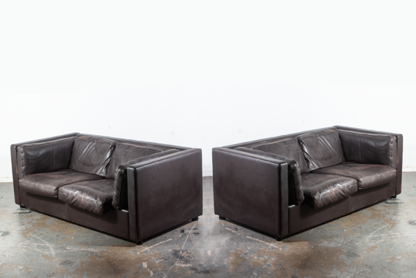 Mid Century Danish Modern Settee Sofa Set Pair Leather Niel Eilersen Black Dark Brown Denmark De Sede Vintage Two Matching Couch