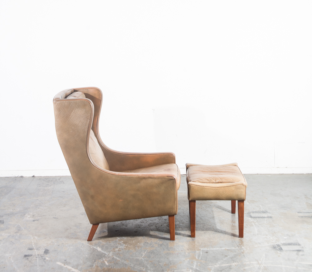 Mid Century Danish Modern Lounge Chair Leather Ottoman Borge Mogensen Wingback Vintage Foot Stool Arm chair - Image 2