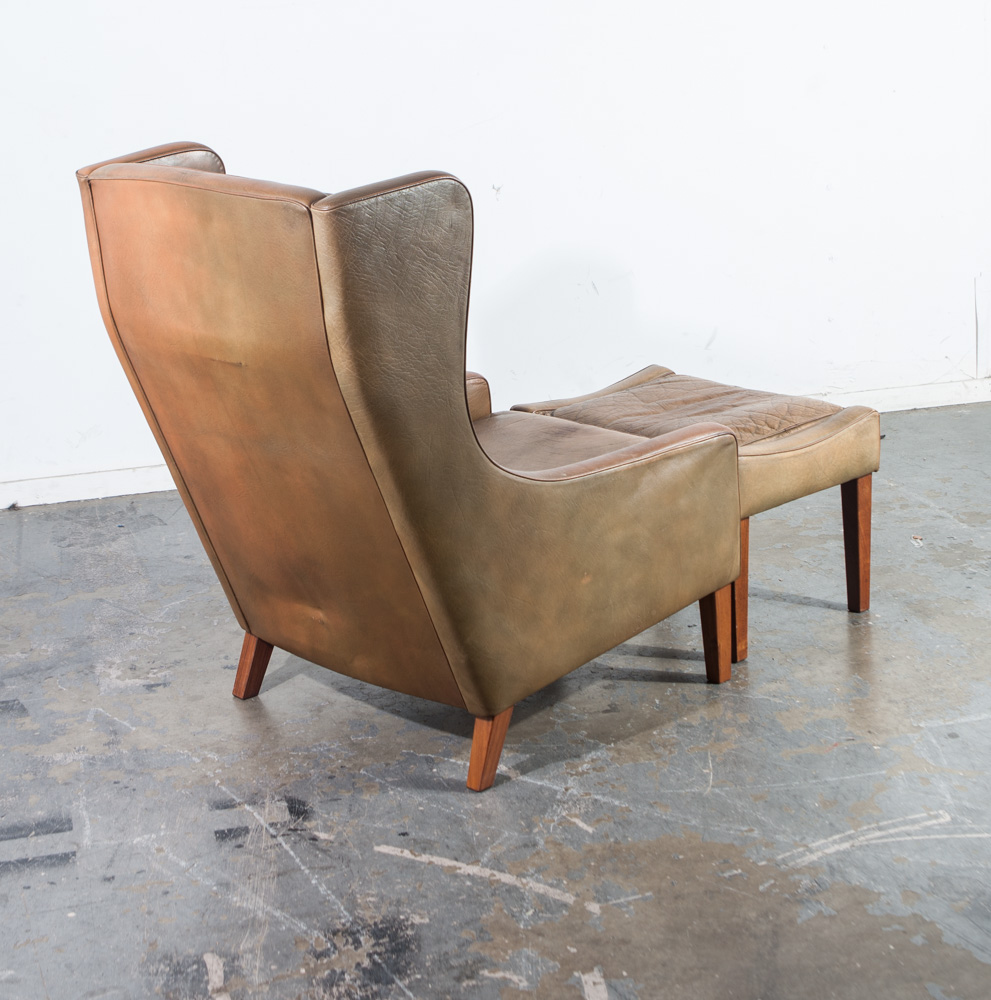 Mid Century Danish Modern Lounge Chair Leather Ottoman Borge Mogensen Wingback Vintage Foot Stool Arm chair - Image 3