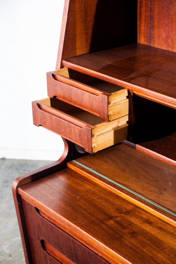 Mid Century Danish Modern Secretary Desk Teak Pull Out Drawers Office Vintage Bureau Denmark Glass Sliding Doors - Image 7