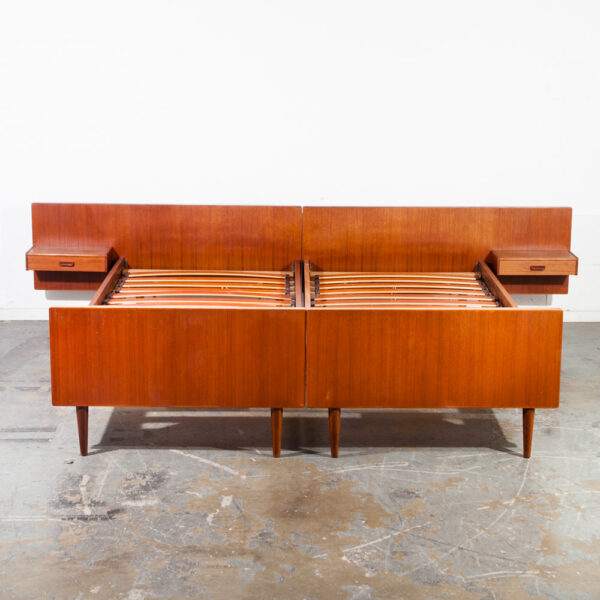 Mid Century Danish Modern Bed Frame Headboard Teak Floating Nightstands Tables Vintage Floating Denmark Wood Pair Set