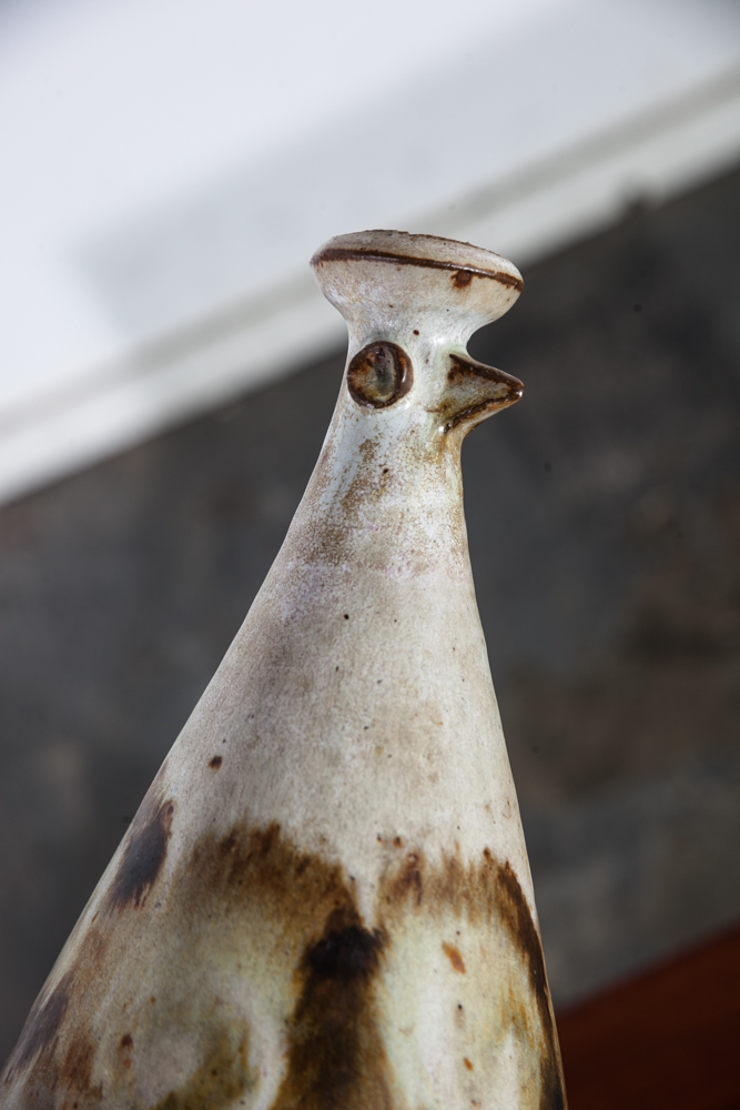 Mid Century Modern Weed Pot Ceramic Bird Signed Studio Pottery Vintage White Mcm Vase Brown - Image 4