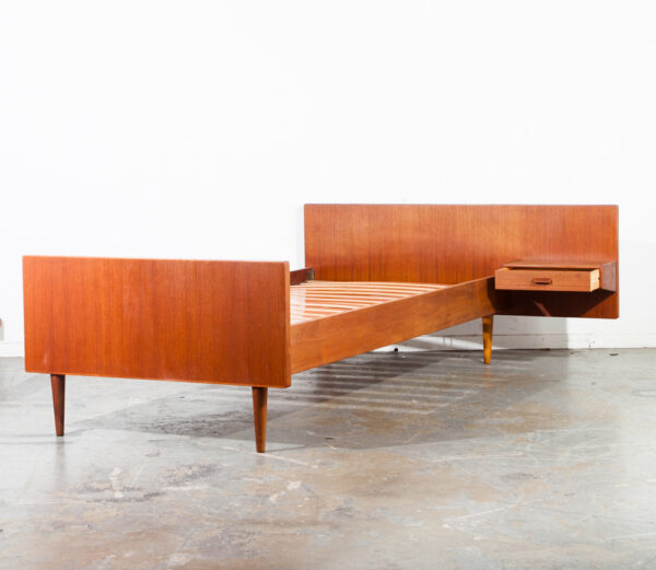 Mid Century Danish Modern Bed Frame Headboard Teak Floating Nightstands Tables Vintage Floating Denmark Wood Pair Set - Image 3