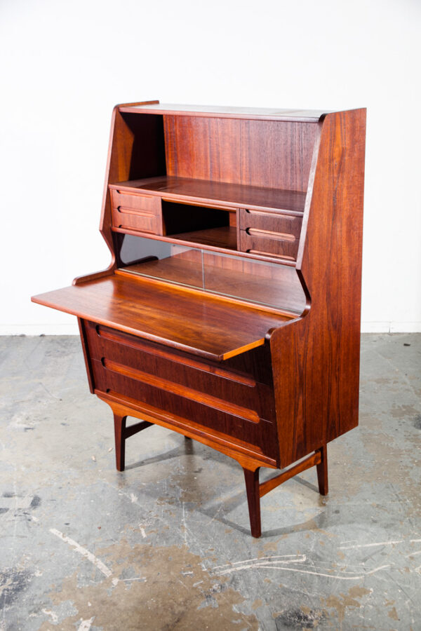 Mid Century Danish Modern Secretary Desk Teak Pull Out Drawers Office Vintage Bureau Denmark Glass Sliding Doors - Image 2