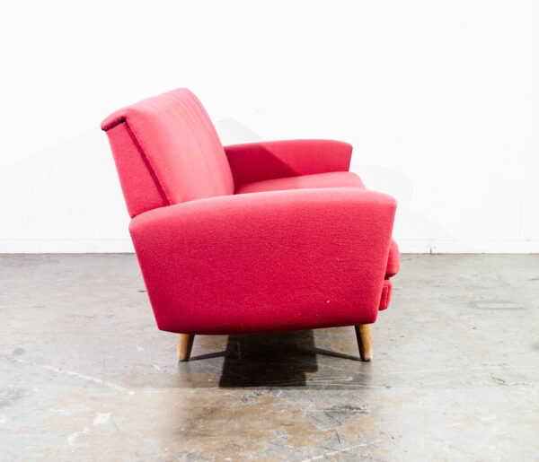 Mid Century Danish Modern Sofa Couch Hans Wegner Solid Oak Red Wool Fabric Getema 3 Seater GE Mcm Denmark - Image 5