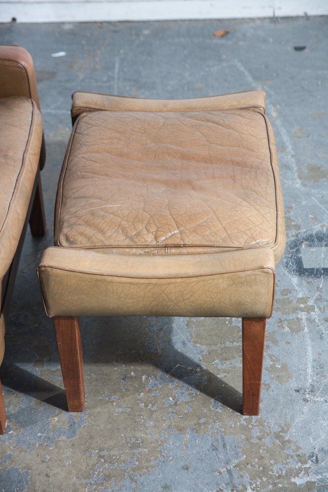 Mid Century Danish Modern Lounge Chair Leather Ottoman Borge Mogensen Wingback Vintage Foot Stool Arm chair - Image 6