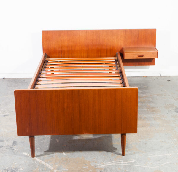 Mid Century Danish Modern Bed Frame Headboard Teak Floating Nightstands Tables Vintage Floating Denmark Wood Pair Set - Image 4
