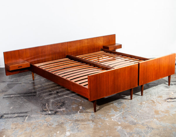 Mid Century Danish Modern Bed Frame Headboard Teak Floating Nightstands Tables Vintage Floating Denmark Wood Pair Set - Image 2
