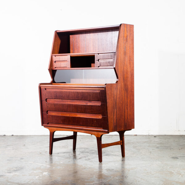 Mid Century Danish Modern Secretary Desk Teak Pull Out Drawers Office Vintage Bureau Denmark Glass Sliding Doors