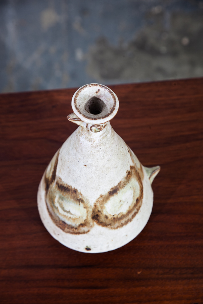 Mid Century Modern Weed Pot Ceramic Bird Signed Studio Pottery Vintage White Mcm Vase Brown - Image 2