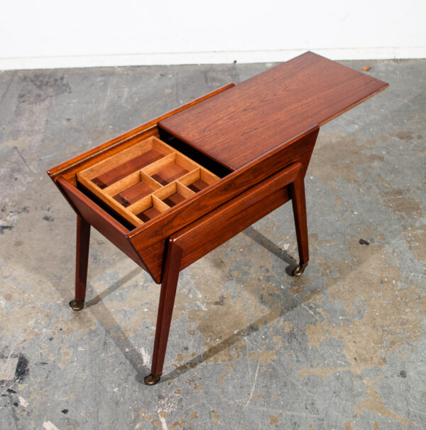 Mid Century Danish Modern Sewing Cabinet Rolling Cart Side Table Denmark Vintage Sliding Door Storage End Side - Image 2