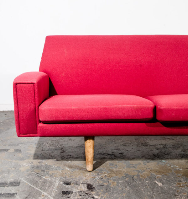 Mid Century Danish Modern Sofa Couch Hans Wegner Solid Oak Red Wool Fabric Getema 3 Seater GE Mcm Denmark - Image 7