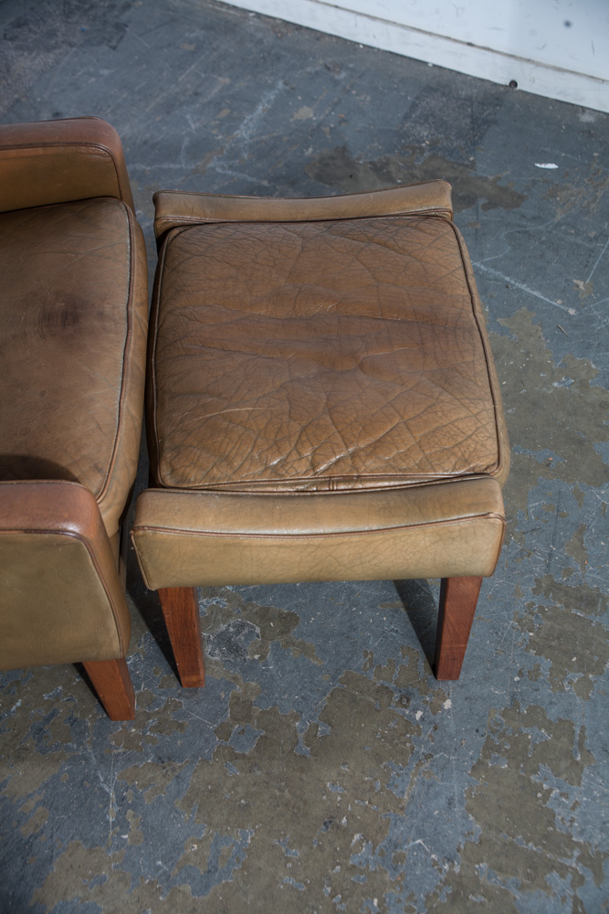 Mid Century Danish Modern Lounge Chair Leather Ottoman Borge Mogensen Wingback Vintage Foot Stool Arm chair - Image 8