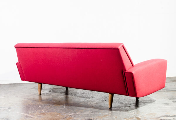 Mid Century Danish Modern Sofa Couch Hans Wegner Solid Oak Red Wool Fabric Getema 3 Seater GE Mcm Denmark - Image 2