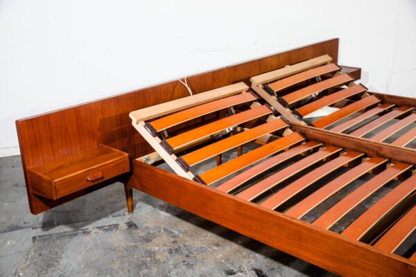 Mid Century Danish Modern Bed Frame Headboard Teak Floating Nightstands Tables Vintage Floating Denmark Wood Pair Set - Image 5