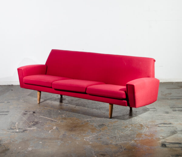 Mid Century Danish Modern Sofa Couch Hans Wegner Solid Oak Red Wool Fabric Getema 3 Seater GE Mcm Denmark