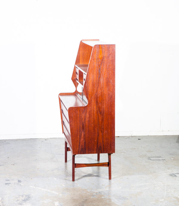 Mid Century Danish Modern Secretary Desk Teak Pull Out Drawers Office Vintage Bureau Denmark Glass Sliding Doors - Image 4
