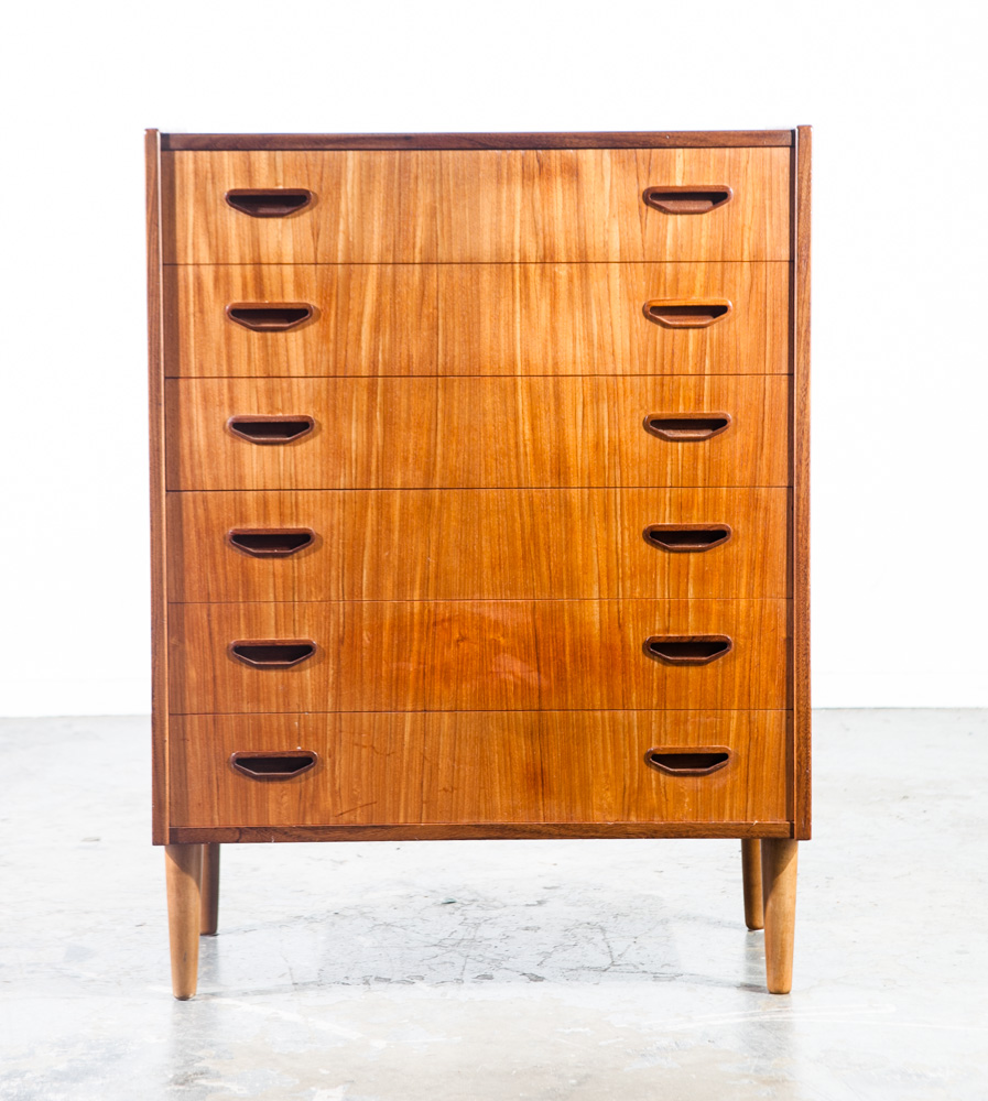 Mid Century Danish Modern Highboy Dresser 6 Drawer Solid Teak Oak Vintage Wood Compact Small Handles - Image 2