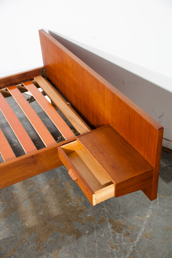 Mid Century Danish Modern Bed Frame Headboard Teak Floating Nightstands Tables Vintage Floating Denmark Wood Pair Set - Image 11