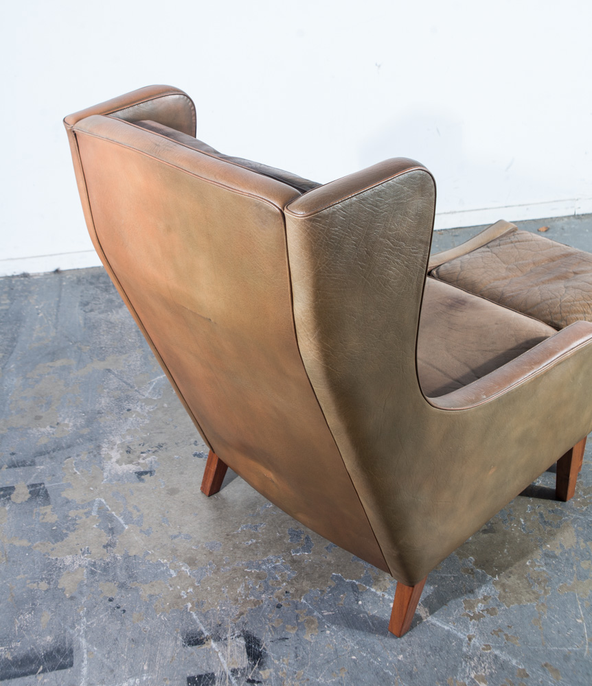 Mid Century Danish Modern Lounge Chair Leather Ottoman Borge Mogensen Wingback Vintage Foot Stool Arm chair - Image 4