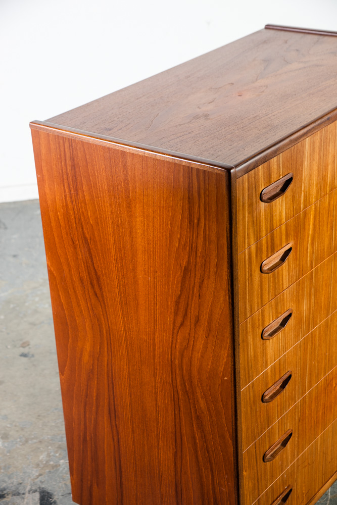 Mid Century Danish Modern Highboy Dresser 6 Drawer Solid Teak Oak Vintage Wood Compact Small Handles - Image 5
