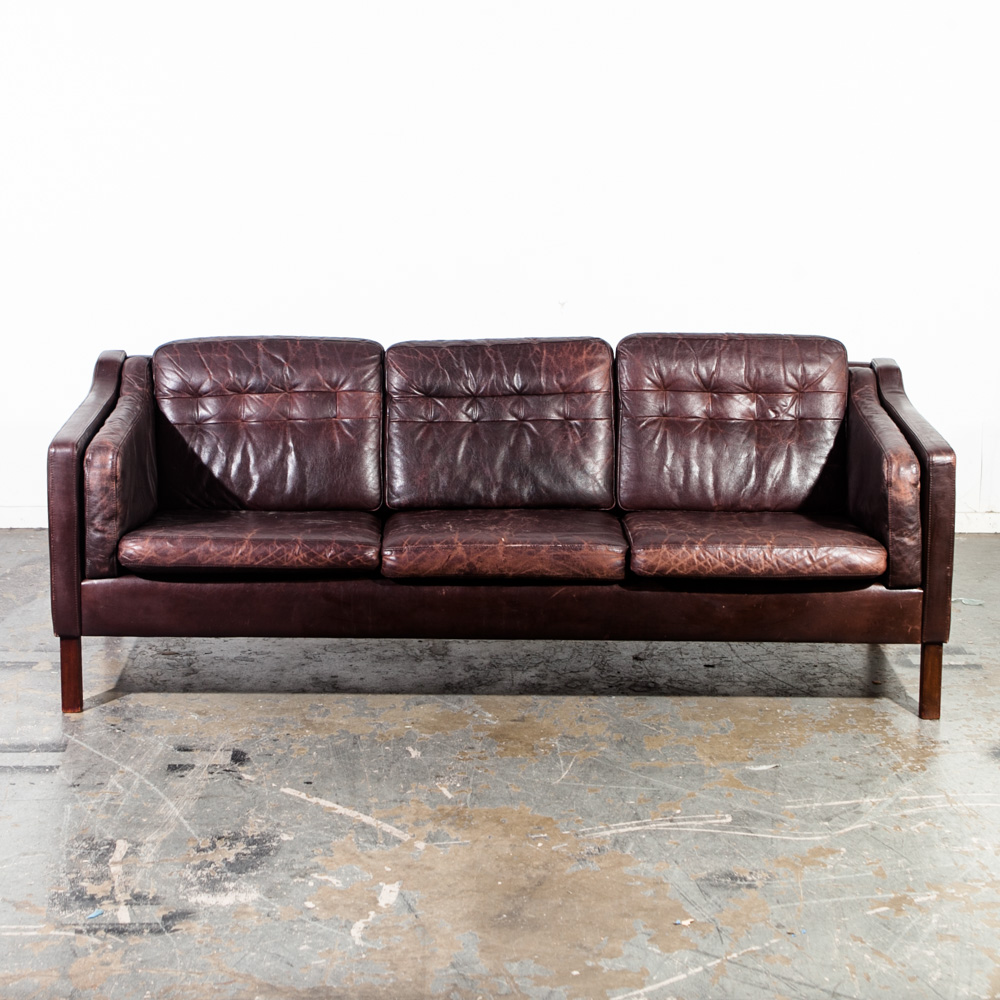 Mid Century Danish Modern Sofa Couch Leather 3 Seater Borge Mogensen Dark Brown Vintage Large