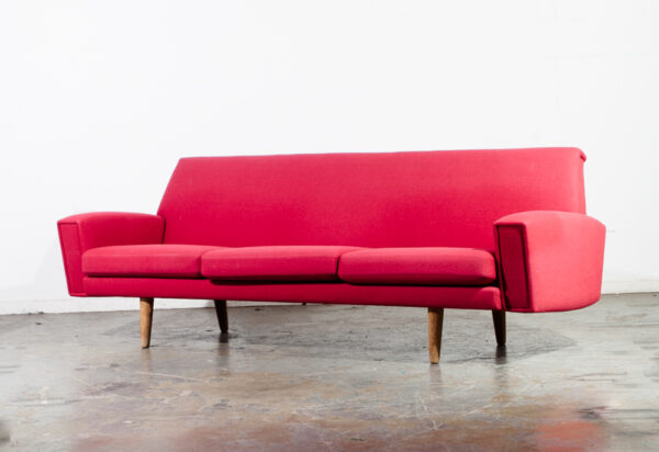 Mid Century Danish Modern Sofa Couch Hans Wegner Solid Oak Red Wool Fabric Getema 3 Seater GE Mcm Denmark - Image 3