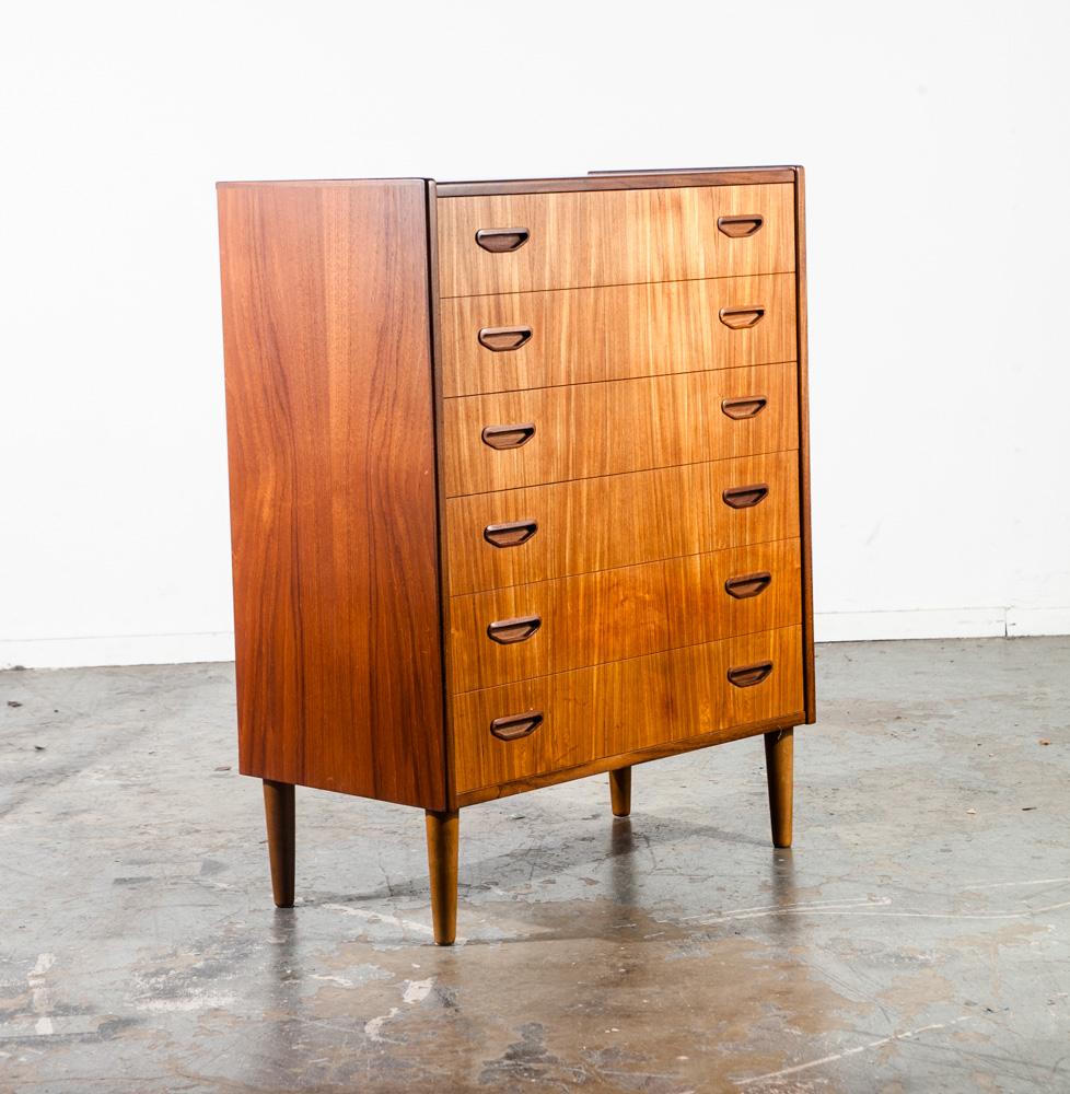 Mid Century Danish Modern Highboy Dresser 6 Drawer Solid Teak Oak Vintage Wood Compact Small Handles