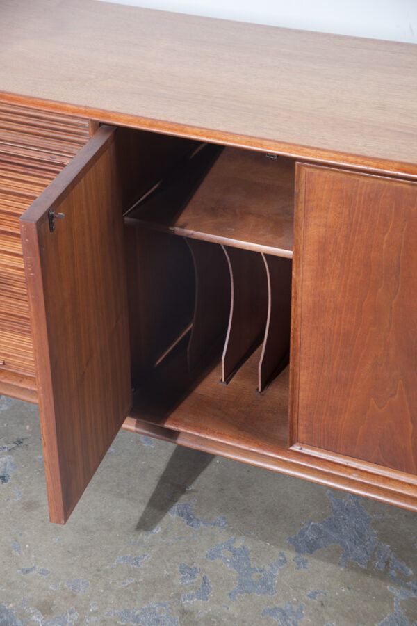 Mid Century Modern Credenza Sideboard Drexel Parallel Tambour Door Barney Flagg Walnut Restored Record Cabinet Storage Tambour Door - Image 4
