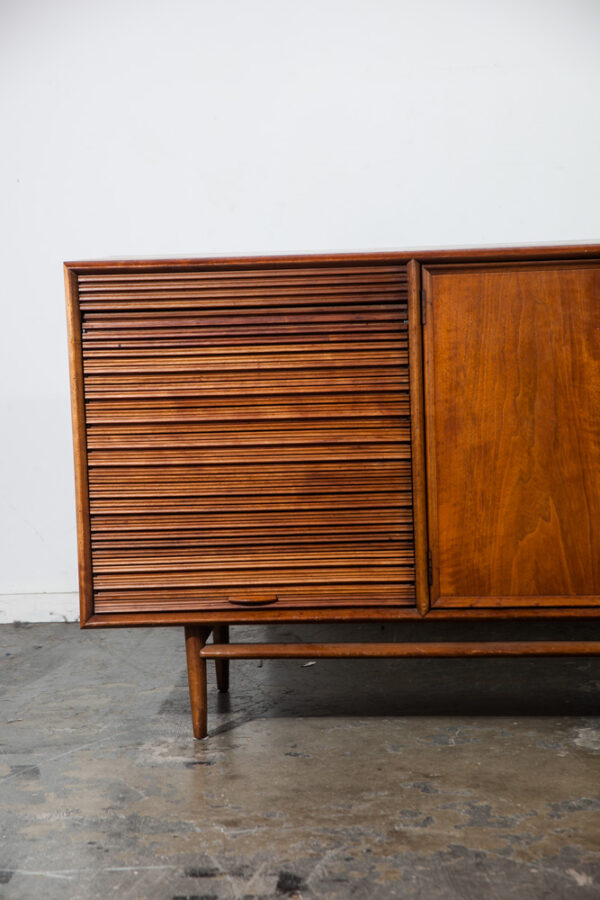 Mid Century Modern Credenza Sideboard Drexel Parallel Tambour Door Barney Flagg Walnut Restored Record Cabinet Storage Tambour Door - Image 6