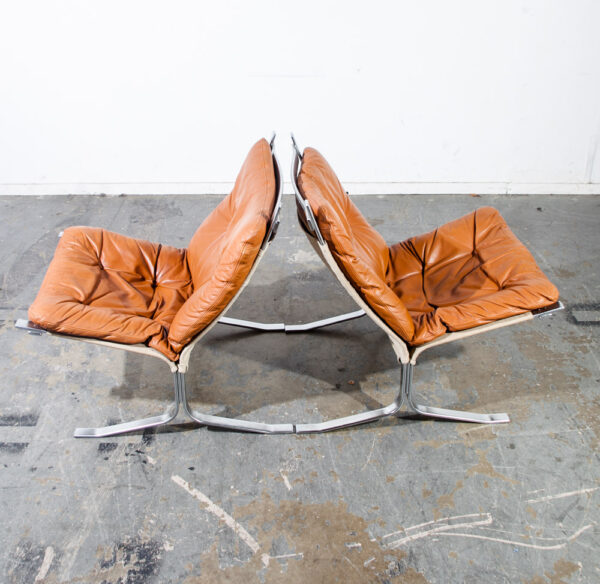 Mid Century Danish Modern Lounge Chairs Ingmar Relling Westnofa Leather Metal Vintage Sling Easy Tan Caramel - Image 4