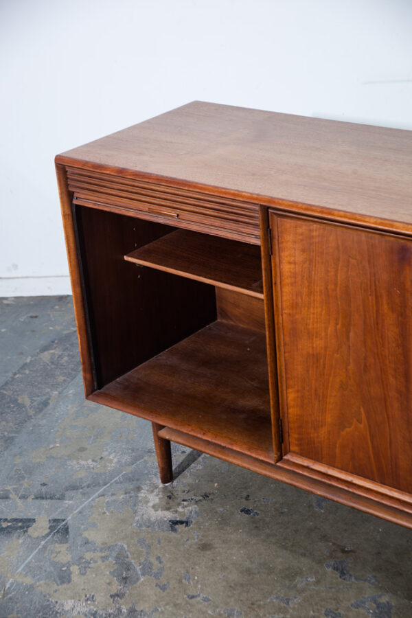 Mid Century Modern Credenza Sideboard Drexel Parallel Tambour Door Barney Flagg Walnut Restored Record Cabinet Storage Tambour Door - Image 10