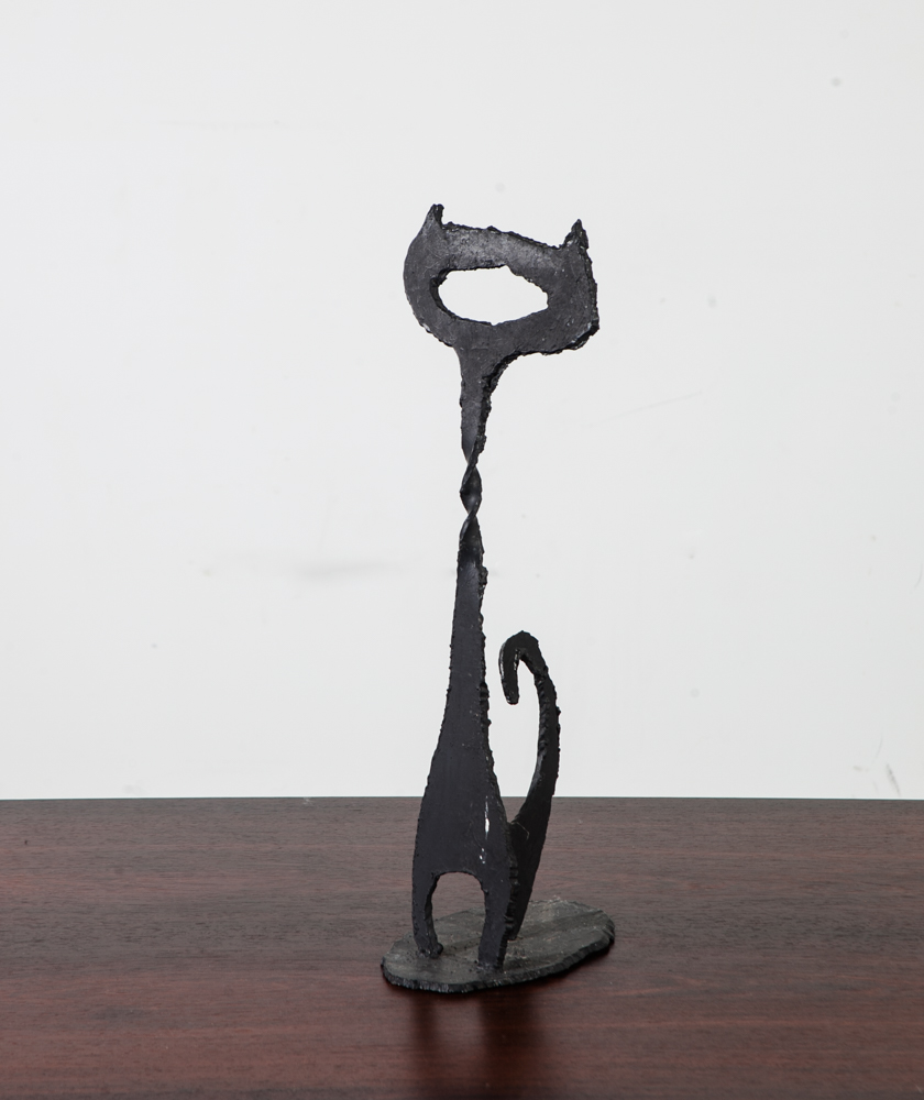 Mid Century Modern Cast Metal Sculpture Cat Iron Vintage California Design