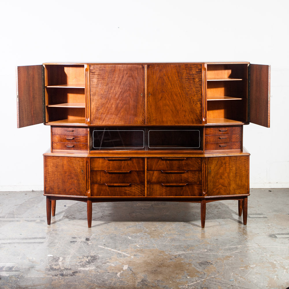 Mid Century Danish Modern Credenza 2 Tier Figured Teak Sideboard Large Monumental Double Denmark Custom Unique Design