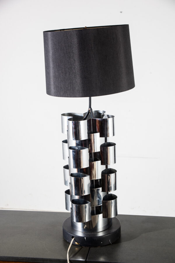 Mid Century Modern Table Lamp Skyscraper Curtis Jere Light Lighting Chrome Metal Round Black Silver Vintage