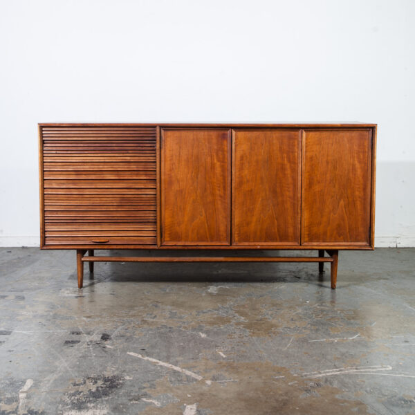 Mid Century Modern Credenza Sideboard Drexel Parallel Tambour Door Barney Flagg Walnut Restored Record Cabinet Storage Tambour Door - Image 2