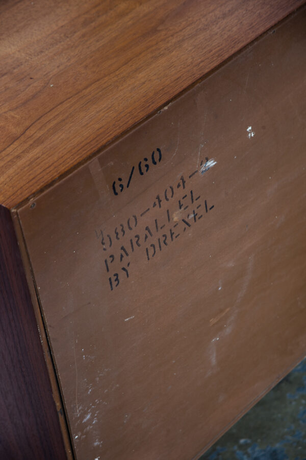 Mid Century Modern Credenza Sideboard Drexel Parallel Tambour Door Barney Flagg Walnut Restored Record Cabinet Storage Tambour Door - Image 9