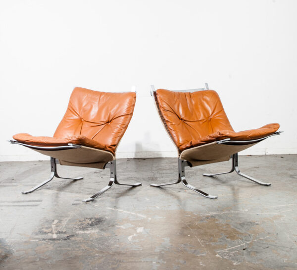 Mid Century Danish Modern Lounge Chairs Ingmar Relling Westnofa Leather Metal Vintage Sling Easy Tan Caramel - Image 3