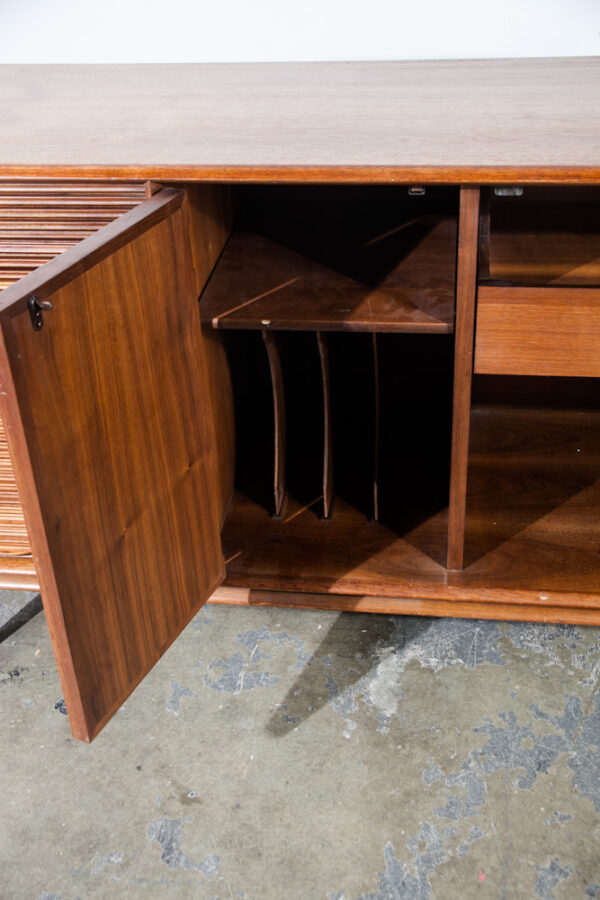 Mid Century Modern Credenza Sideboard Drexel Parallel Tambour Door Barney Flagg Walnut Restored Record Cabinet Storage Tambour Door - Image 5