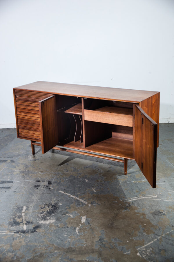 Mid Century Modern Credenza Sideboard Drexel Parallel Tambour Door Barney Flagg Walnut Restored Record Cabinet Storage Tambour Door - Image 3