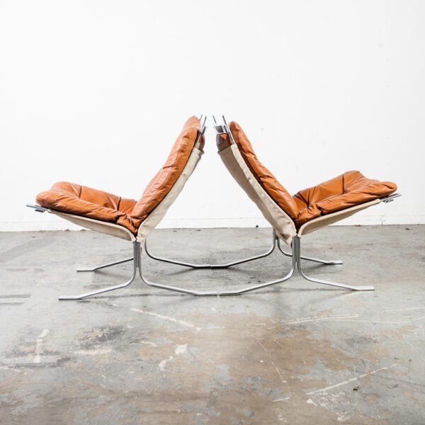 Mid Century Danish Modern Lounge Chairs Ingmar Relling Westnofa Leather Metal Vintage Sling Easy Tan Caramel - Image 2