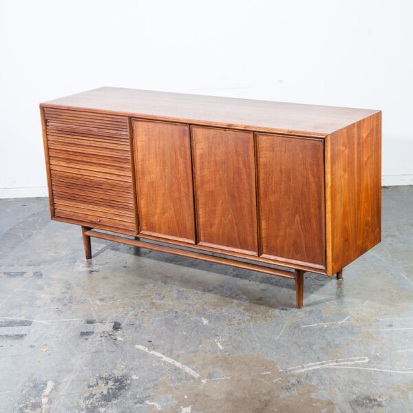 Mid Century Modern Credenza Sideboard Drexel Parallel Tambour Door Barney Flagg Walnut Restored Record Cabinet Storage Tambour Door