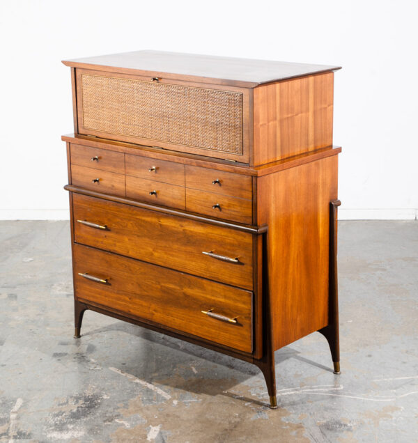 Mid Century Modern Dresser Highboy Tall Atomic Vintage Walnut Brass United Cane United Furniture Kent Coffey